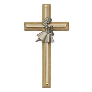 com 8 Oak/Screened Brass Cross with Fine Pewter Praying Girl Casting 
