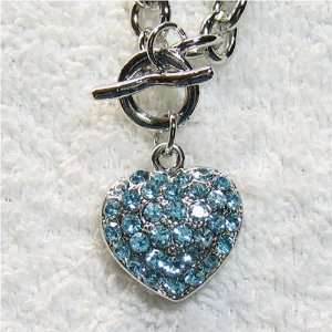 Silver Necklace and 2D 2 sides HEART pendant with BLUE Crystals 16 