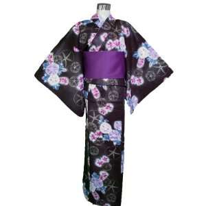 Kimono Yukata Black and Purple Asagao Flowers + Obi Belt 