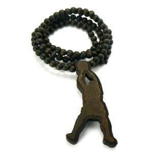 Brown Wooden Basketball Player Pendant with a 36 Inch Beaded Necklace 