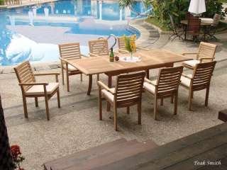 Hari Grade A Teak 9pc Dining 94 Rectangle Table 8 Stacking Arm Chair 