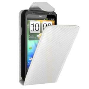  HTC Evo 3D Carbon Fibre Leather Flip Case White + Screen 