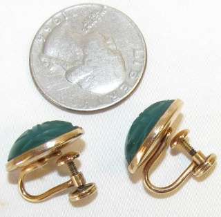 BEAUTIFUL VINTAGE 12K GOLD FILLED CARVED GREEN GLASS SCARAB JEWELRY 