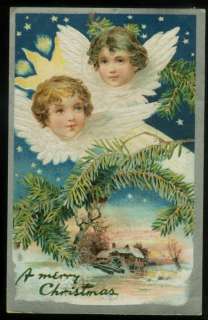 052211 LOVELY TUCK CHRISTMAS POSTCARD ANGELS + WINTER SCENE  
