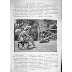  1892 SCENE MAN SMOKING PIPE NATIVE GIRL FAN OLD PRINT 