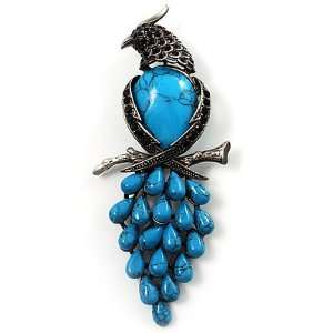Gigantic Turquoise Stone & Black Crystal Bird Brooch (Antique Silver)