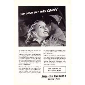 1945 WWII Ad American Railroads American Soldiers Homecoming Great Day 