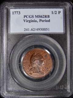 1773 Virginia 1/2P PCGS MS62 RB  