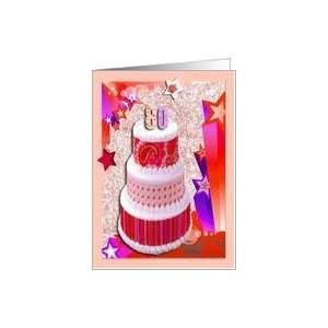  80th Birthday Party Invitation, Cake with stars, Red Card 