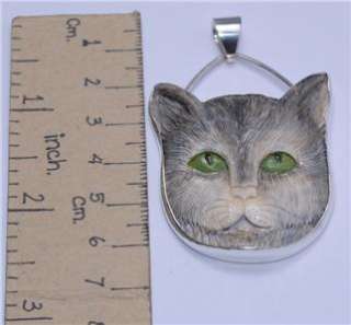 Cat Face Carved Ox Bone Sterling Silver 925 Pendant T3818  