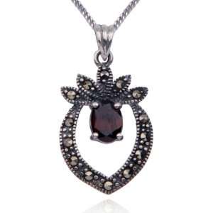 Sterling Silver Marcasite and Garnet Pendant, 18 Jewelry