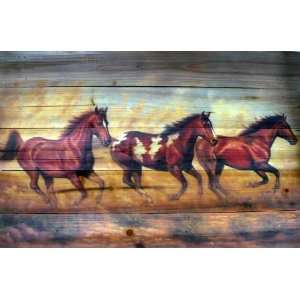  Western Cabin Rustic Decor Horses Running Wood Plank 