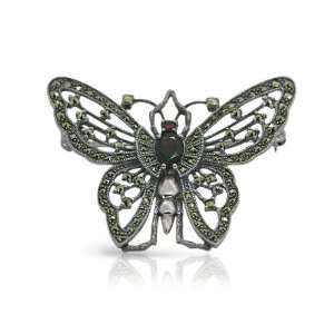  925 Sterling Silver Marcasite & Garnet Butterfly Brooch Jewelry