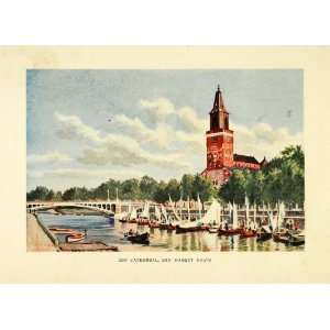  1908 Print Abo Cathedral Boats Steeple Spire River Finland 