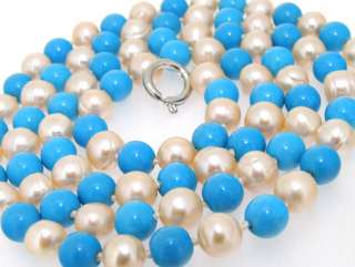 Long 36 Necklace Freshwater Cultured Pearl Blue Turquoise Gemstone 
