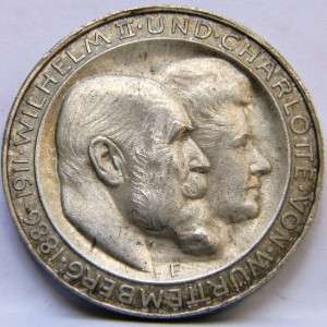 GERMANY, Empire Wurttemberg 1911 F Wedding Anniversary silver 3 Mark 