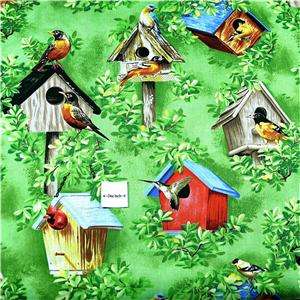 FabriQuilt Cotton Fabric Birds & Bird Houses, Green BTY  