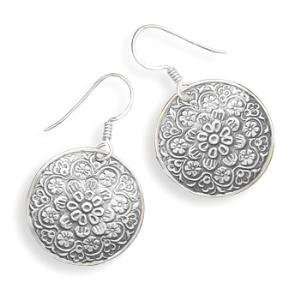  Round Floral Design Disk Dangle Sterling Silver Earrings 