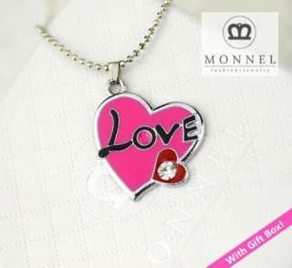 F168 Pink LOVE Heart Charm Pendant Necklace (+Gift Box)  