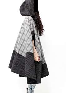 Hand Made Poncho Cape Coat Jacket in Wool Fabric, With Hoodie, S   L 