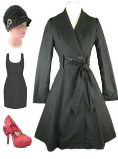 Vtg Inspired BLACK Wool Double Breasted BELTED Coat w/ Full Skirt 