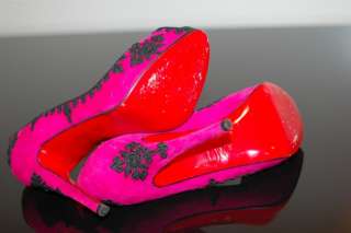 INSANE Christian Louboutin Pink Suede Black Embroidery Platform Heels 