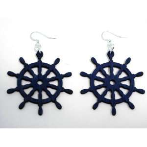  Royal Blue Nautical Boat Wheel Wooden Earrings GTJ 