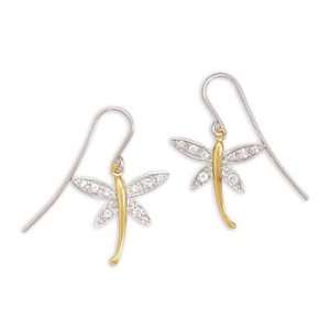   Silver/14K Gold Plated CZ Dragonfly Earrings on French Wire Jewelry
