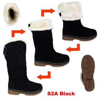   BLACK FUR LINED QUILTED RAIN MOON SKI WINTER WARM SNOW BOOTS  