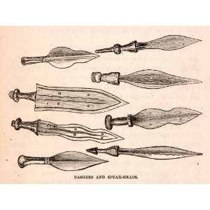 com 1872 Wood Engraving Africa Dagger Spear Heads Sharp Knife Hunting 