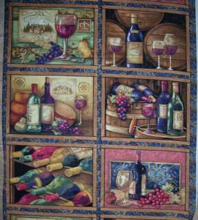Wine Glasses Bottles Barrels Grapes Vineyard Block Fabric Quilt Panel 