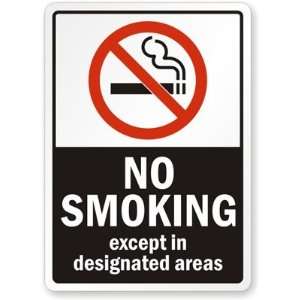 No Smoking Except In Designated Areas (with symbol)   black vertical 