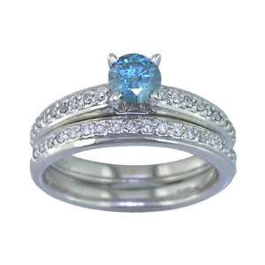  0.90 CT Blue Diamond Wedding Set 14K White Gold In Size 10 