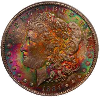 TONED PCGS 1884 O MS65 OUTSANDING COLORS BRILLIANT GREENS & PURPLES 