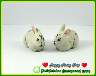   Figurine Ceramic Animal White 2 Rabbit Bunny Flower Hand Painted