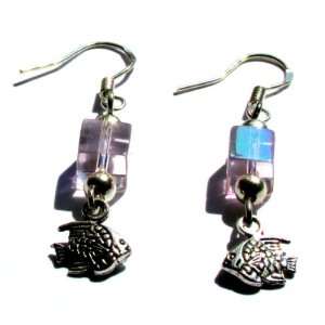 Silver Fish and Pink Cube Beaded Earrings