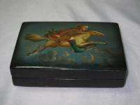 VINTAGE painted FLYING MAN HORSE LACQUERED RUSSIAN WOOD BOX  