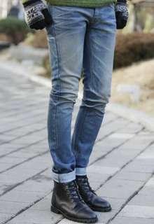 Vintage style men bright sky blue skinny natural jeans  