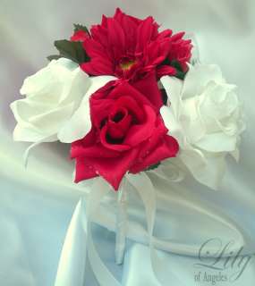   Bride Bouquet Flowers Bridesmaid Gerbera Daisy RED & WHITE  
