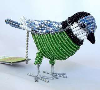 Chicadee Bird Glass Beads + Wire Art Sculpture Beadworx Blue  