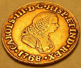 SCARCE COLOMBIAN 1768 SPANISH GOLD 2 ESCUDOS DOUBLOON KING CARLOS III 