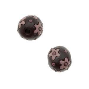 Golem Studio Glazed Ceramic Round Beads Brown With Pink Flowers 14mm 