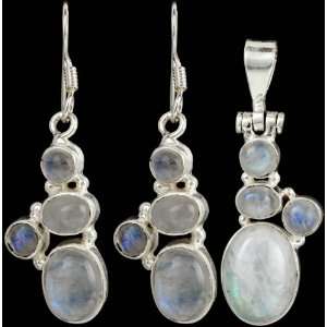 Rainbow Moonstone Pendant with Earrings Set   Sterling Silver