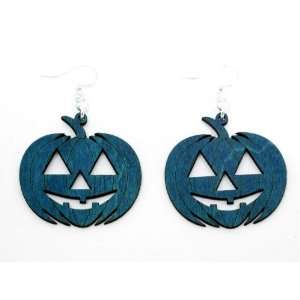  Teal Pumpkin Jack O Lantern Wooden Earrings GTJ Jewelry