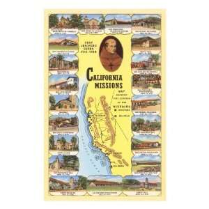 Map of California Missions Premium Poster Print, 16x24  