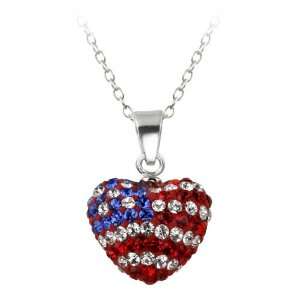 Sterling Silver American Flag Heart Crystal Fireball Pendant Necklace 