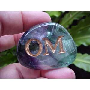   Om Engraved in Rainbow Fluorite Flat Stone Nice  