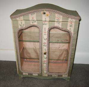   French floral fabric glass doors vitrine display case for antique doll