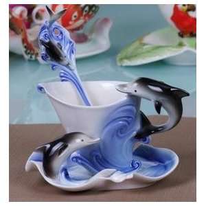  Blue Dolphin Shaped Bone China Coffee Cup, Dish and Spoon 
