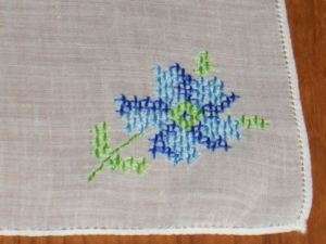 Vintage Cross Stitched Peony Floral Hankie Handkerchief  